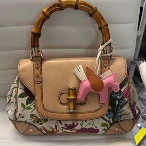 Gucci floral bamboo and Tan Leather Handbag